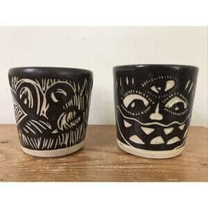 Pair Vintage Brown Homemade Decorated Pottery Art Studio Cups Tea Coffee Mugs